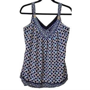 WHBM  Embellished Cami V-neck Tank Top In Blue & Black  Geometric Print Size M